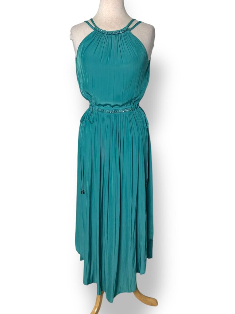 Ramy Brook Grecian Halter Teal Sleeveless Chain Details Pleated Midi Dress Sz XS